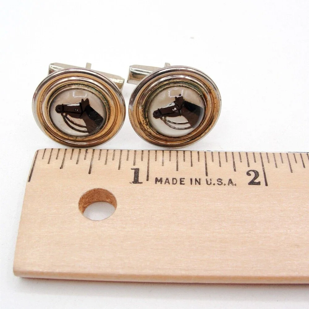 Vintage Silver Reverse Painted Intaglio Glass Horse Head Equestrian Cufflinks